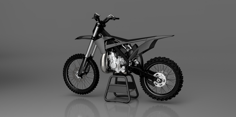 CAD render of a custom designed motorcycle showing chassis development, frame geometry, and integrated component engineering