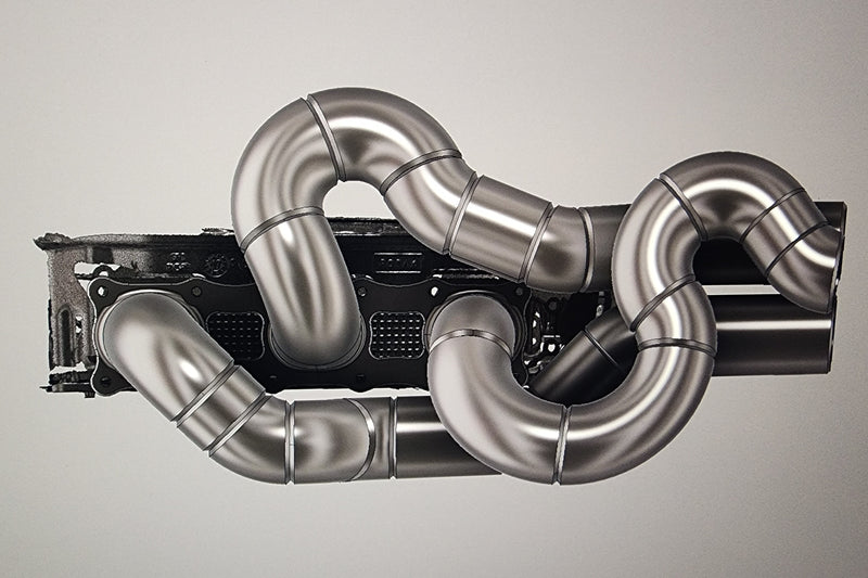 3D CAD design of custom jet ski turbo header system showing equal length runners and tight engine bay packaging