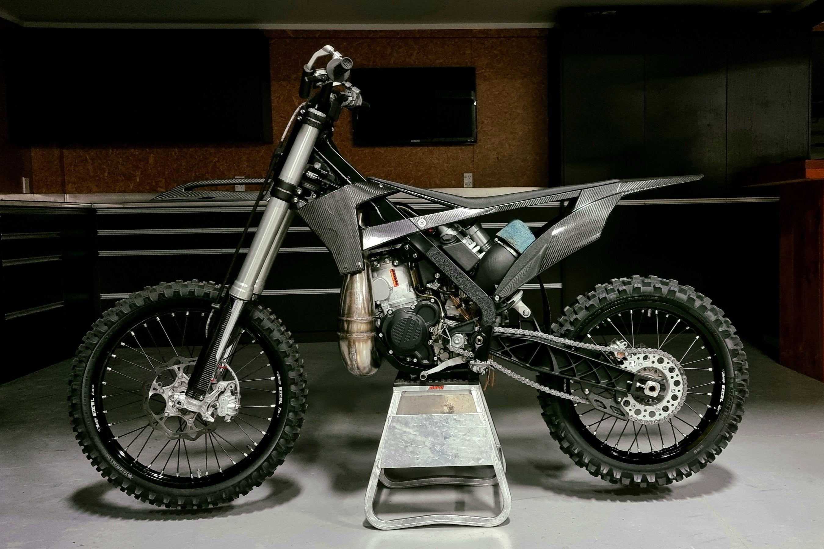 Purpose-built Shogun FMX Bike with custom frame and centralised exhaust system