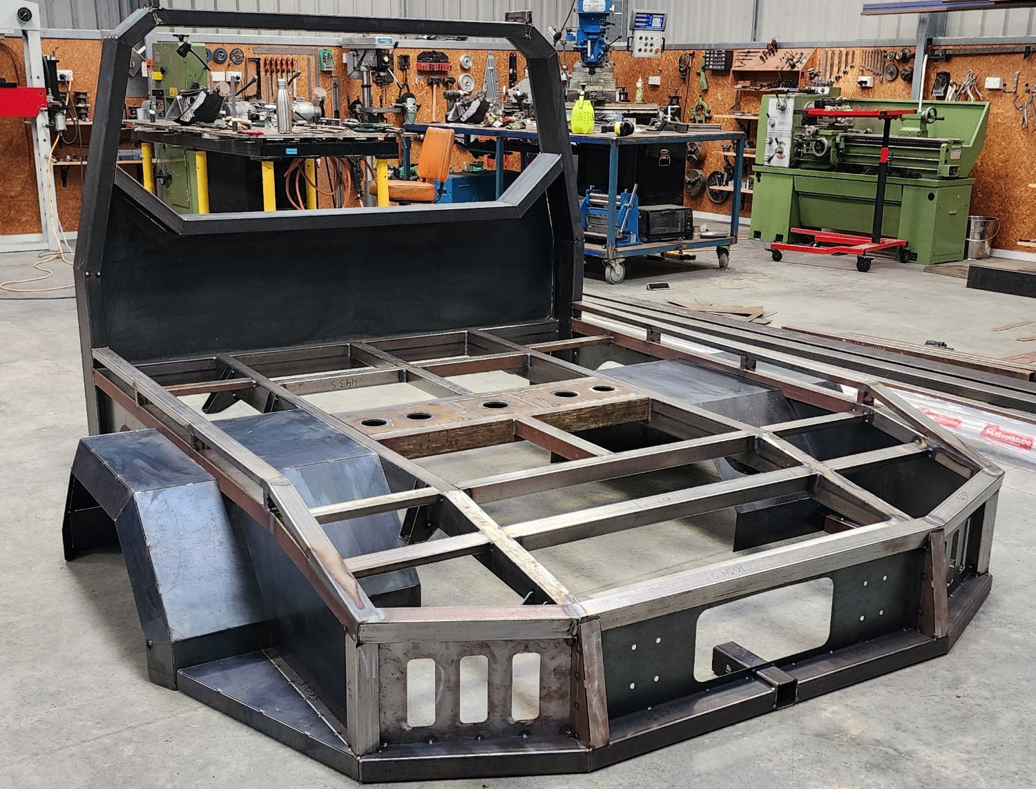 Fabrication of heavy duty steel tray for custom vehicle build at Shogun Innovations